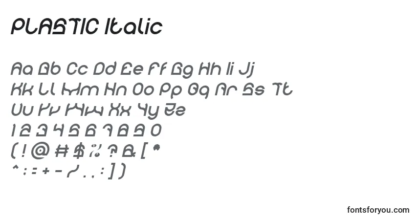 Schriftart PLASTIC Italic – Alphabet, Zahlen, spezielle Symbole