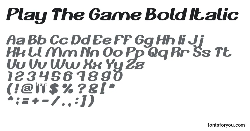 A fonte Play The Game Bold Italic – alfabeto, números, caracteres especiais