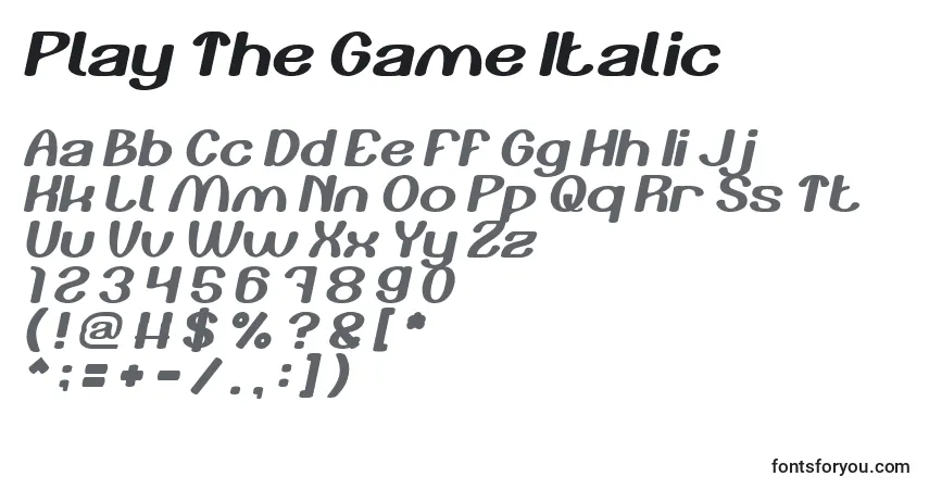 Schriftart Play The Game Italic – Alphabet, Zahlen, spezielle Symbole