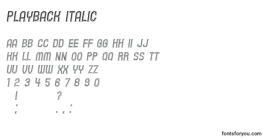 Шрифт Playback Italic – алфавит, цифры, специальные символы