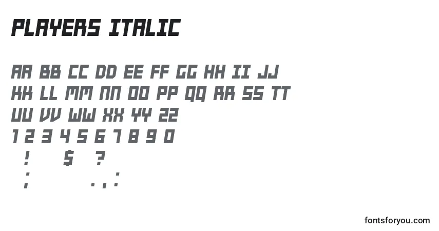 A fonte Players Italic – alfabeto, números, caracteres especiais