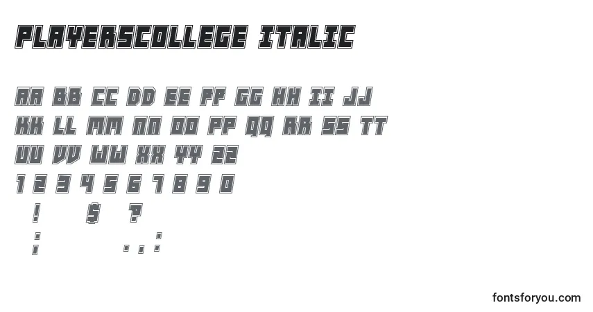 Шрифт PlayersCollege Italic – алфавит, цифры, специальные символы