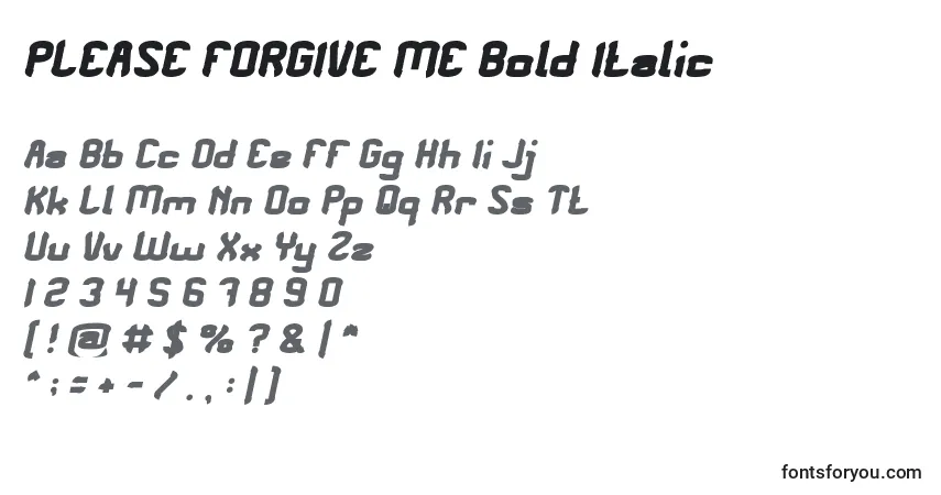 A fonte PLEASE FORGIVE ME Bold Italic – alfabeto, números, caracteres especiais