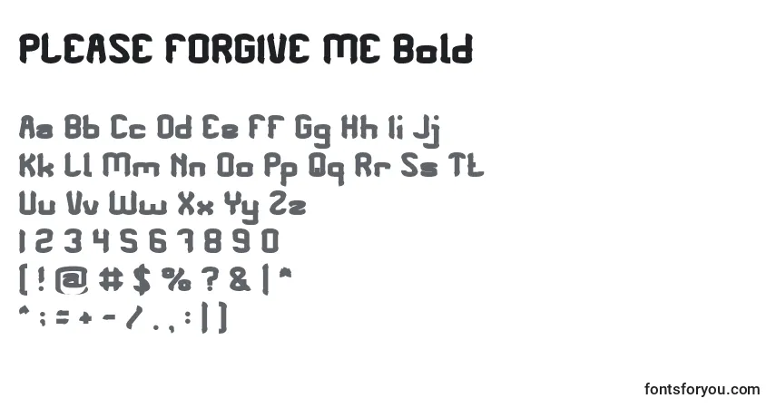 Czcionka PLEASE FORGIVE ME Bold – alfabet, cyfry, specjalne znaki
