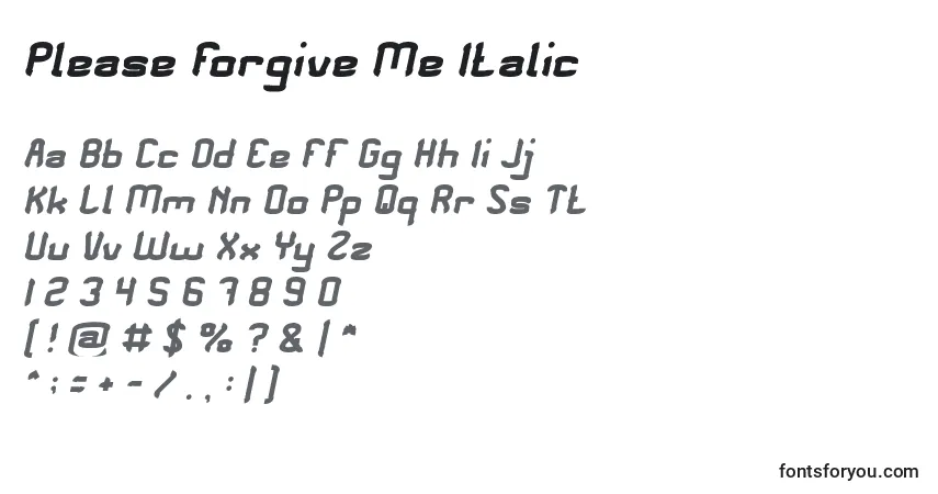 Czcionka Please Forgive Me Italic – alfabet, cyfry, specjalne znaki