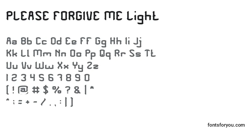 Schriftart PLEASE FORGIVE ME Light – Alphabet, Zahlen, spezielle Symbole