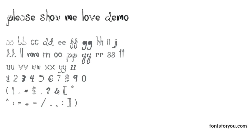 A fonte Please Show Me Love Demo – alfabeto, números, caracteres especiais