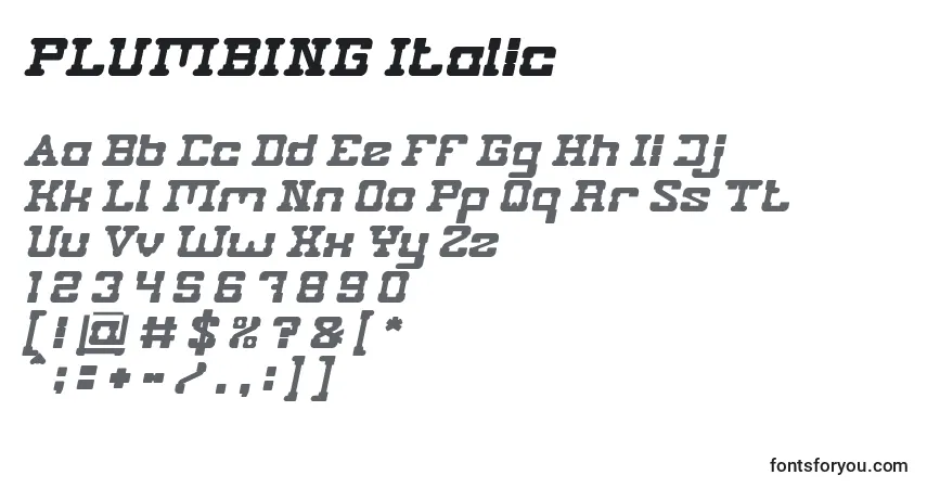 Fuente PLUMBING Italic - alfabeto, números, caracteres especiales