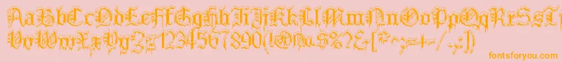 フォントPlymouthRock SnowDusted – オレンジの文字がピンクの背景にあります。