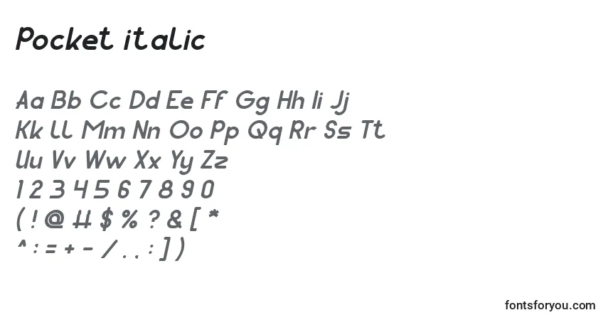 A fonte Pocket italic – alfabeto, números, caracteres especiais