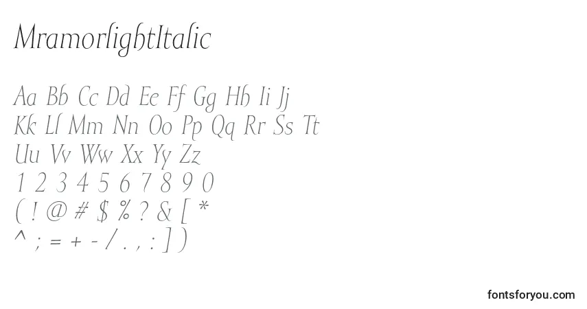 Czcionka MramorlightItalic – alfabet, cyfry, specjalne znaki