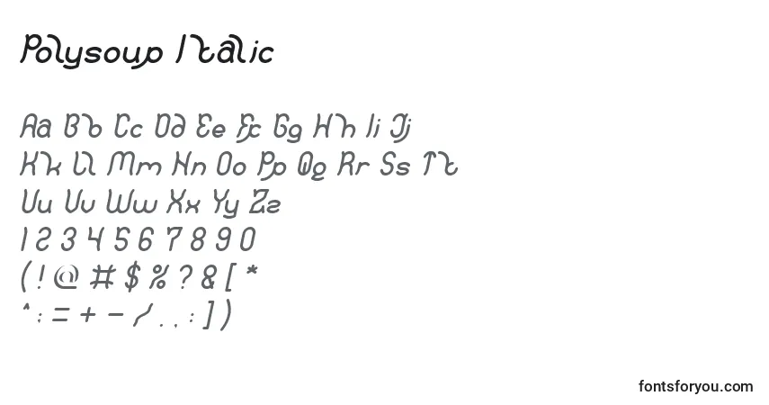 Шрифт Polysoup Italic – алфавит, цифры, специальные символы