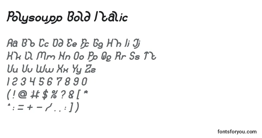Czcionka Polysoupp Bold Italic – alfabet, cyfry, specjalne znaki