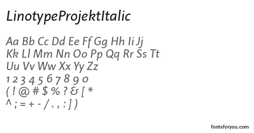 Шрифт LinotypeProjektItalic – алфавит, цифры, специальные символы