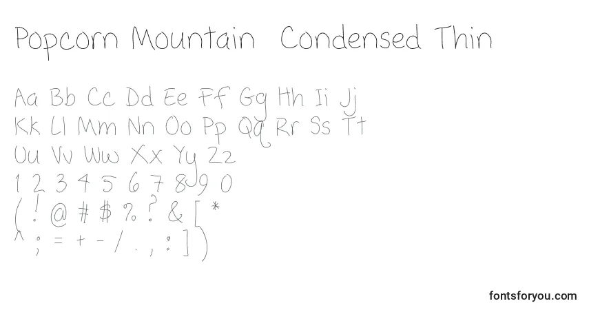 Czcionka Popcorn Mountain  Condensed Thin – alfabet, cyfry, specjalne znaki