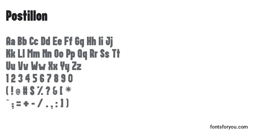 Czcionka Postillon – alfabet, cyfry, specjalne znaki