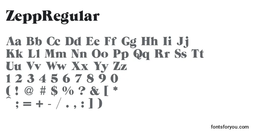Czcionka ZeppRegular – alfabet, cyfry, specjalne znaki