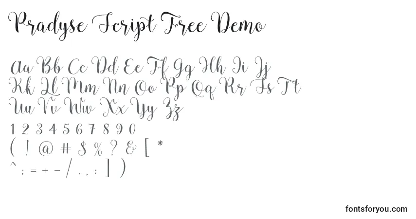 A fonte Pradyse Script Free Demo – alfabeto, números, caracteres especiais