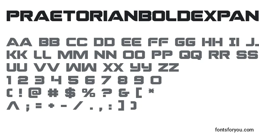 A fonte Praetorianboldexpand (137222) – alfabeto, números, caracteres especiais