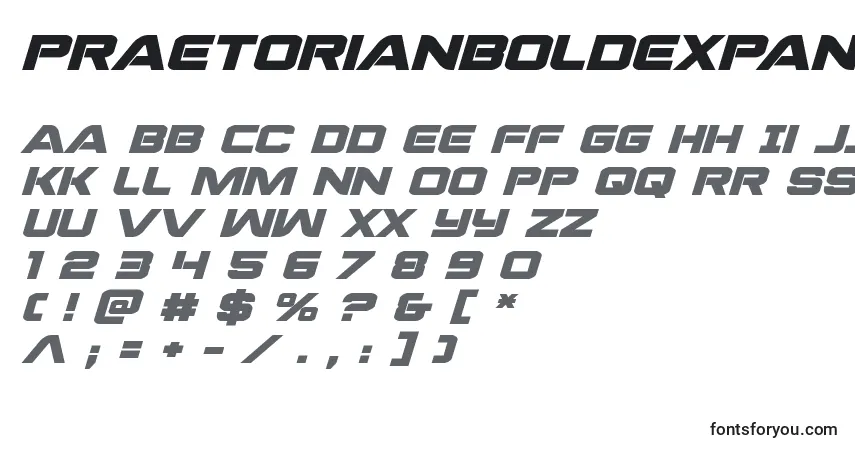 Schriftart Praetorianboldexpandital (137223) – Alphabet, Zahlen, spezielle Symbole