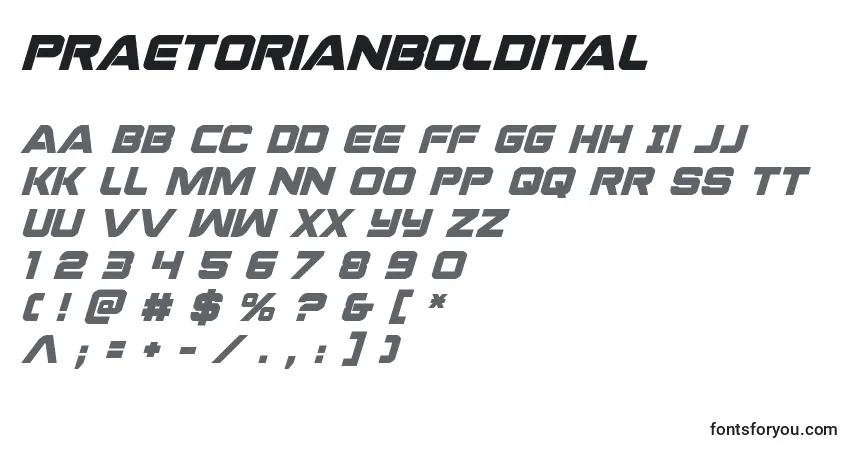 Шрифт Praetorianboldital (137224) – алфавит, цифры, специальные символы