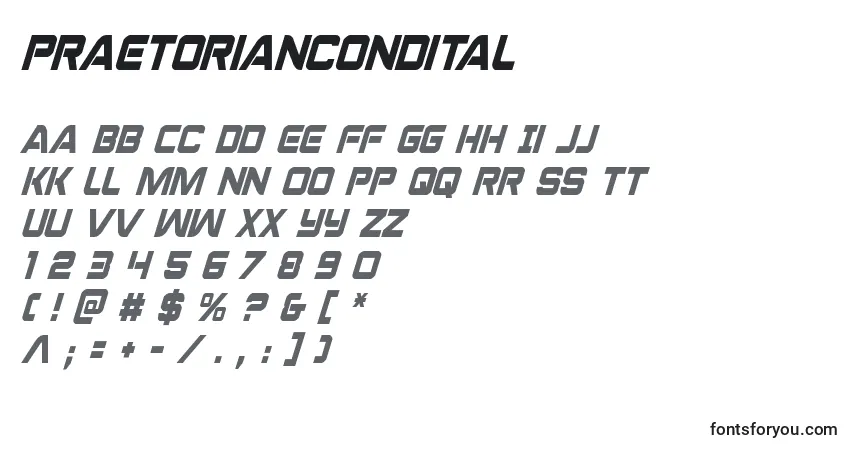Czcionka Praetoriancondital (137226) – alfabet, cyfry, specjalne znaki
