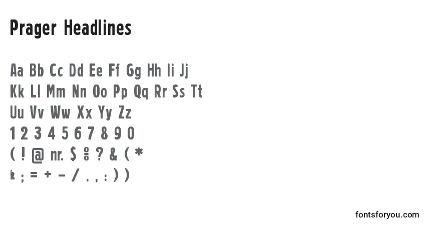 Шрифт Prager Headlines – алфавит, цифры, специальные символы