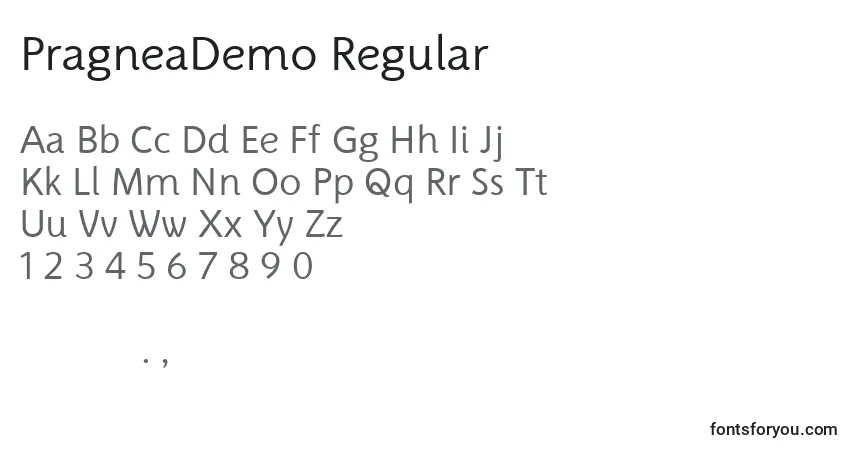 Schriftart PragneaDemo Regular – Alphabet, Zahlen, spezielle Symbole