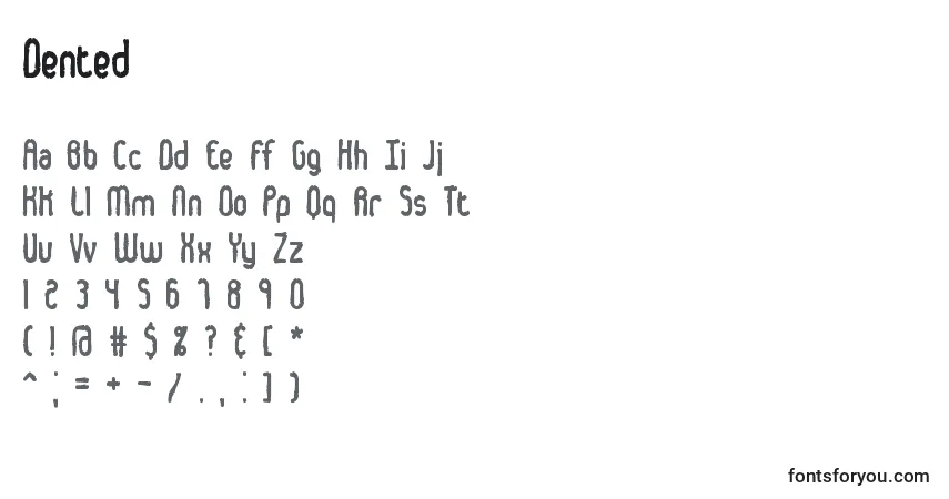 Czcionka Dented – alfabet, cyfry, specjalne znaki