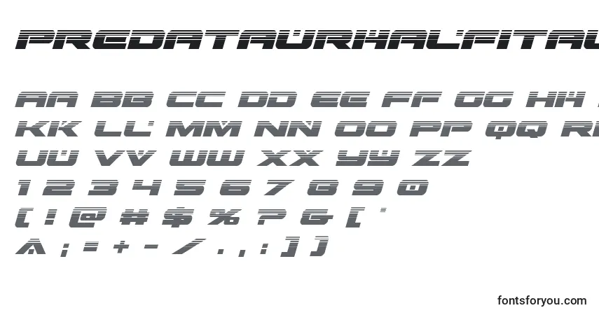 A fonte Predataurhalfital (137268) – alfabeto, números, caracteres especiais