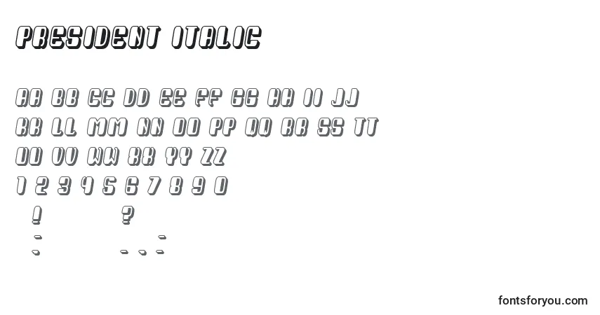 Шрифт President Italic – алфавит, цифры, специальные символы