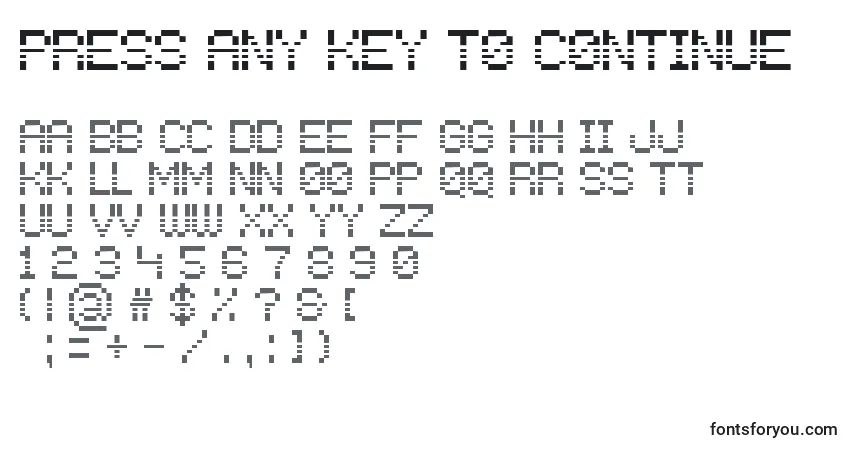 Fuente Press any key to continue - alfabeto, números, caracteres especiales