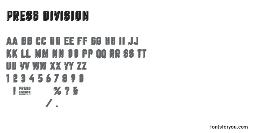 Fuente Press division - alfabeto, números, caracteres especiales