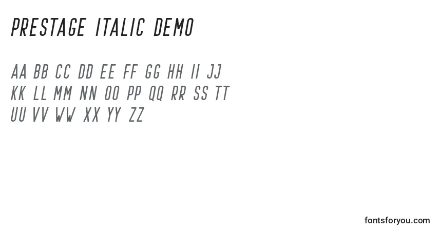 Шрифт Prestage Italic Demo – алфавит, цифры, специальные символы