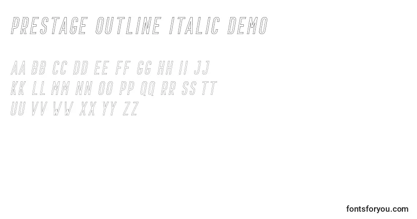 A fonte Prestage Outline Italic Demo – alfabeto, números, caracteres especiais