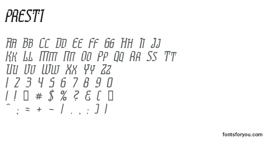 Czcionka PRESTI   (137311) – alfabet, cyfry, specjalne znaki