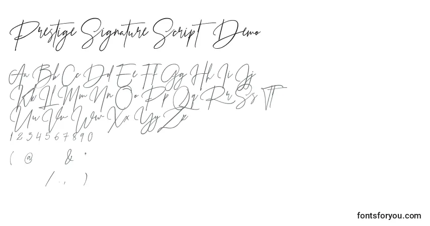 A fonte Prestige Signature Script   Demo – alfabeto, números, caracteres especiais