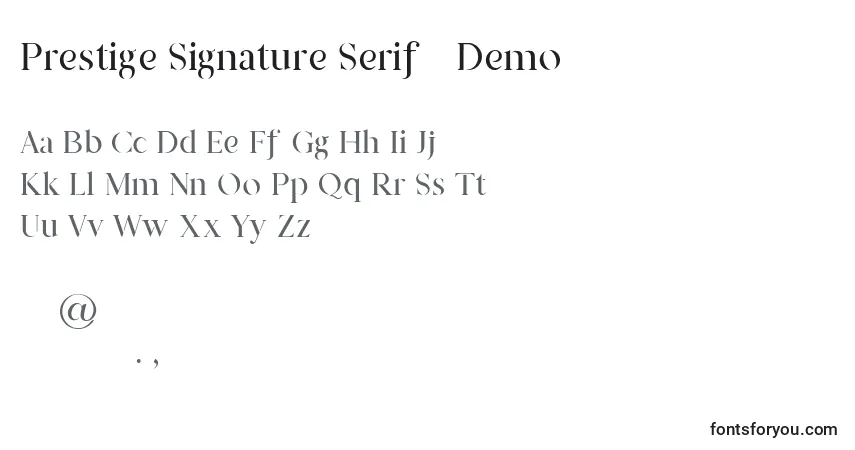 A fonte Prestige Signature Serif   Demo – alfabeto, números, caracteres especiais