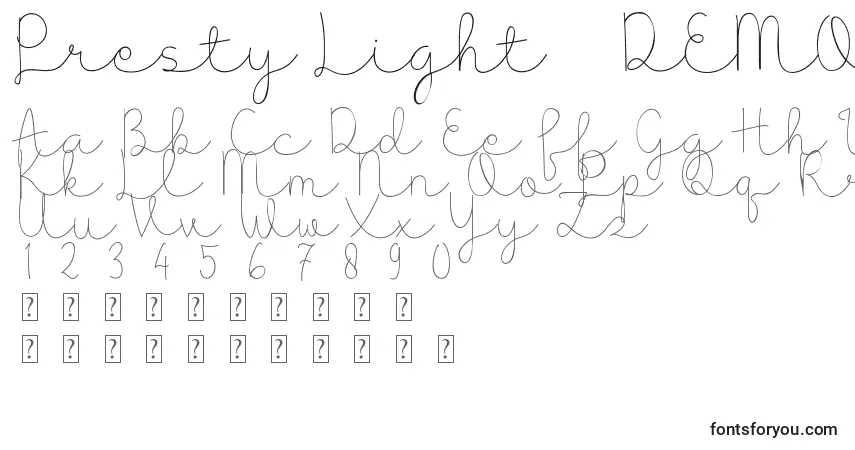Schriftart Presty Light   DEMO – Alphabet, Zahlen, spezielle Symbole