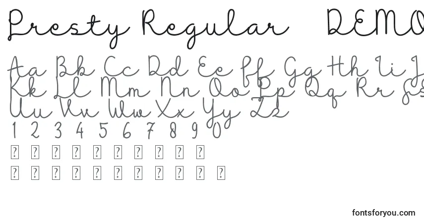 Шрифт Presty Regular   DEMO – алфавит, цифры, специальные символы
