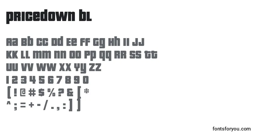 Czcionka Pricedown bl – alfabet, cyfry, specjalne znaki