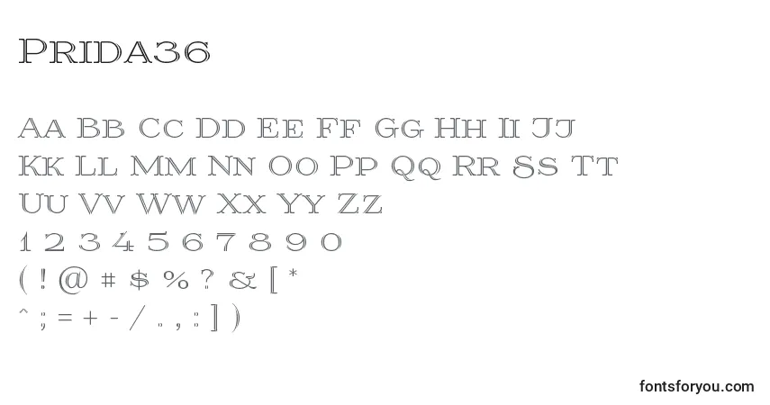 Schriftart Prida36 (137333) – Alphabet, Zahlen, spezielle Symbole