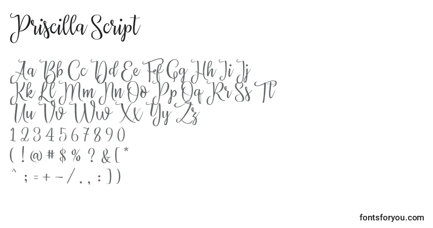 A fonte Priscilla Script (137356) – alfabeto, números, caracteres especiais
