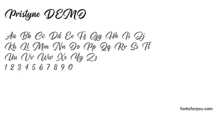 A fonte Pristyne DEMO – alfabeto, números, caracteres especiais