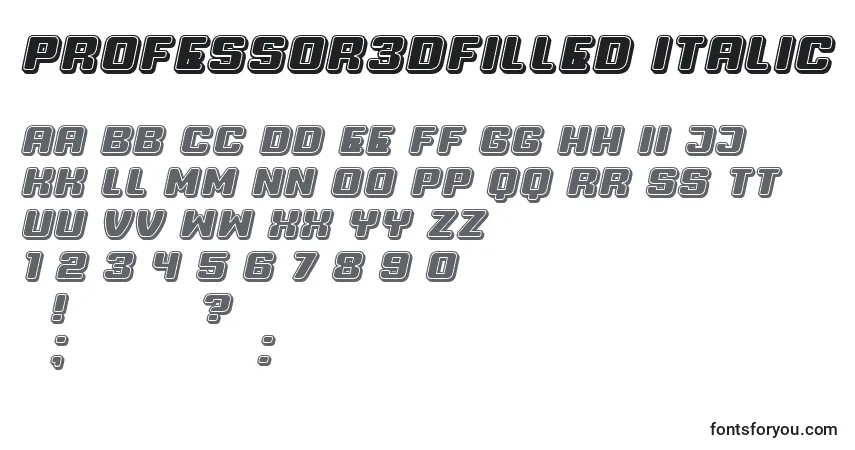 Schriftart Professor3DFilled Italic – Alphabet, Zahlen, spezielle Symbole
