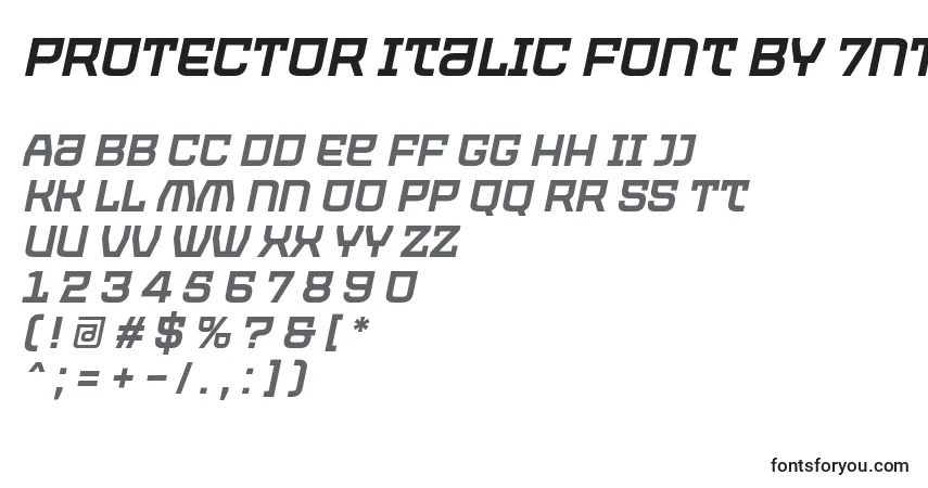 A fonte PROTECTOR Italic Font by 7NTypes – alfabeto, números, caracteres especiais