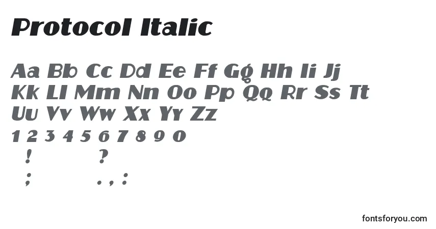 Czcionka Protocol Italic – alfabet, cyfry, specjalne znaki