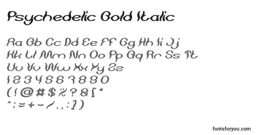 Шрифт Psychedelic Bold Italic – алфавит, цифры, специальные символы