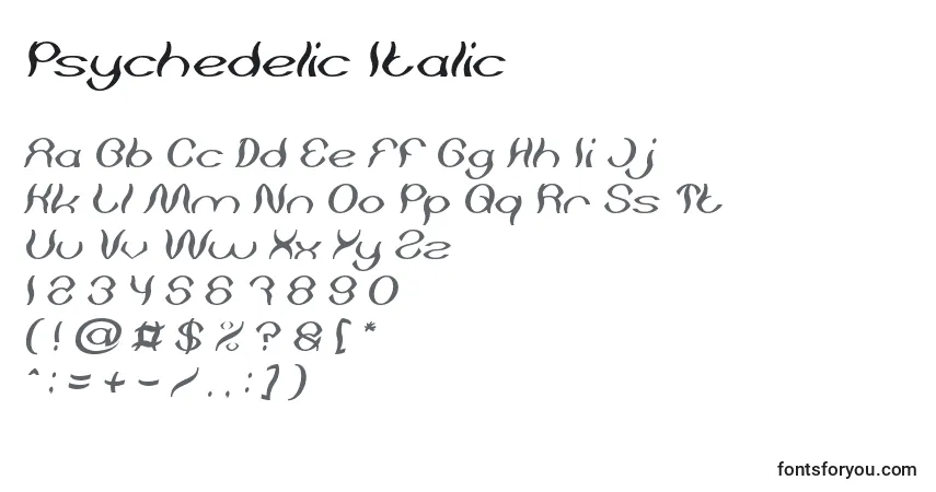 Schriftart Psychedelic Italic – Alphabet, Zahlen, spezielle Symbole