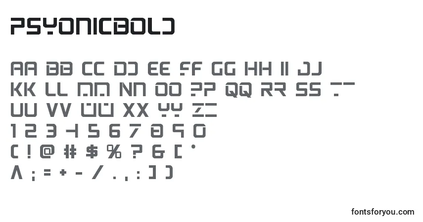 A fonte Psyonicbold (137416) – alfabeto, números, caracteres especiais